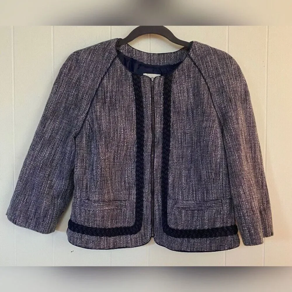 J. Crew Jacket Blazer Women’s 14 Blue Tweed Braiding Preppy Full Zip
